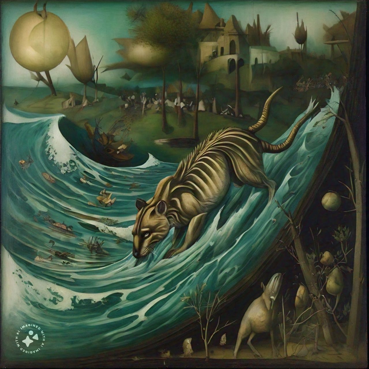 Tasmanian tiger in tidal wave, Hironymous Bosch