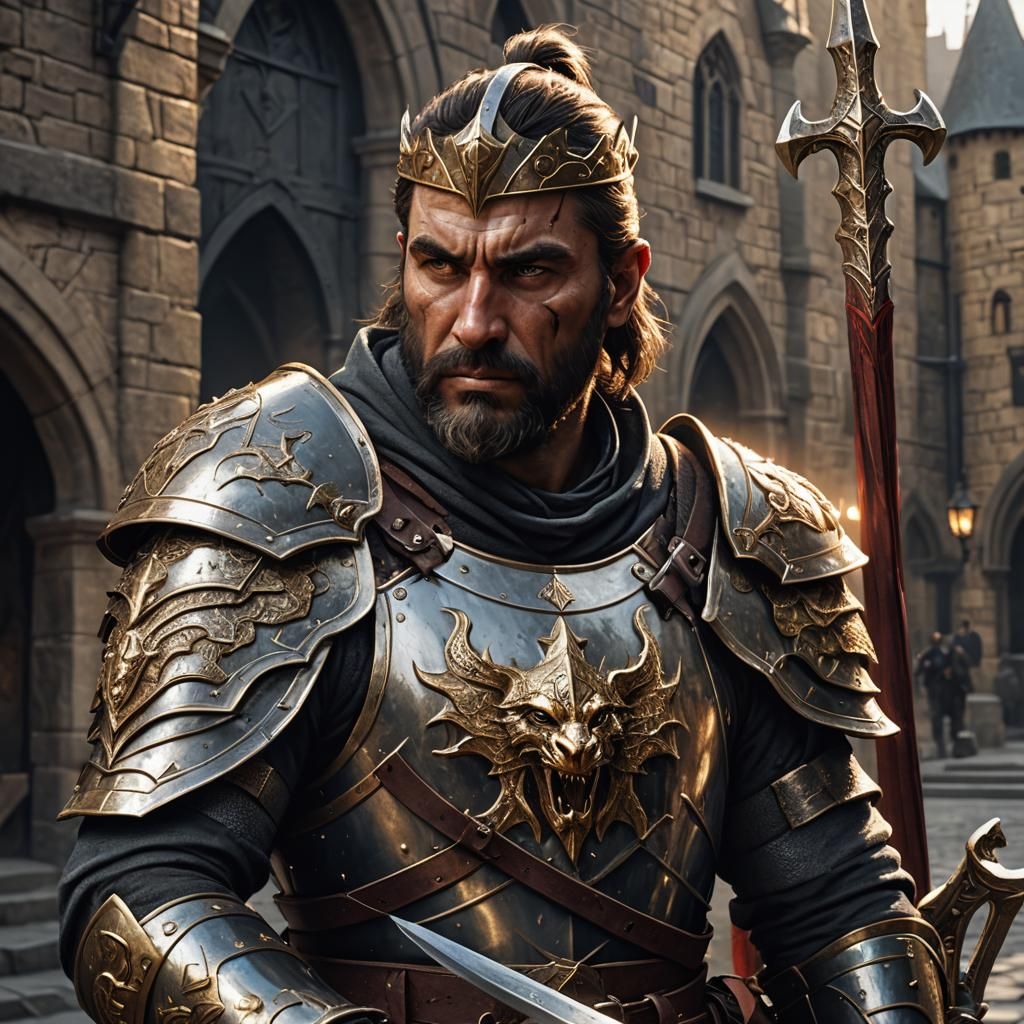 حارس مدينة خيالي من العصور الوسطى، يحمل هلبردًا، ودرع صدري مزين بأفعى، ذو مظهر قاسٍ، يظهر بوضوح شعار الفيلق على كتفه derbo ai اجعل الشعار با...