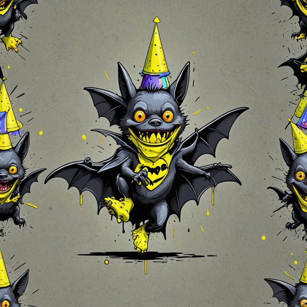 A cartoon bat wearing neon yellow CROCS and a party hat
