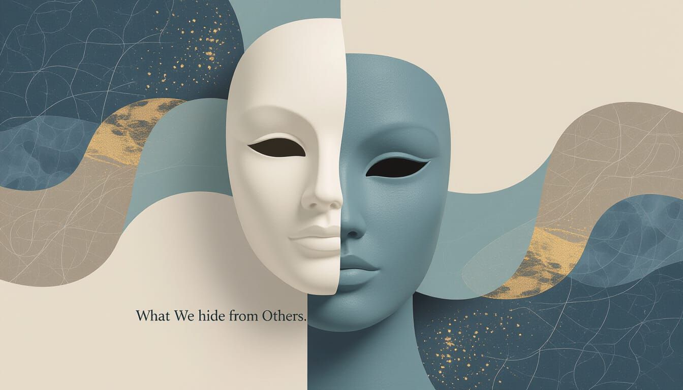 Abstract conceptual background in 16:9 format inspired by the theme “What We Hide from Others”. Soft, symbolic design with abstract mask sha...