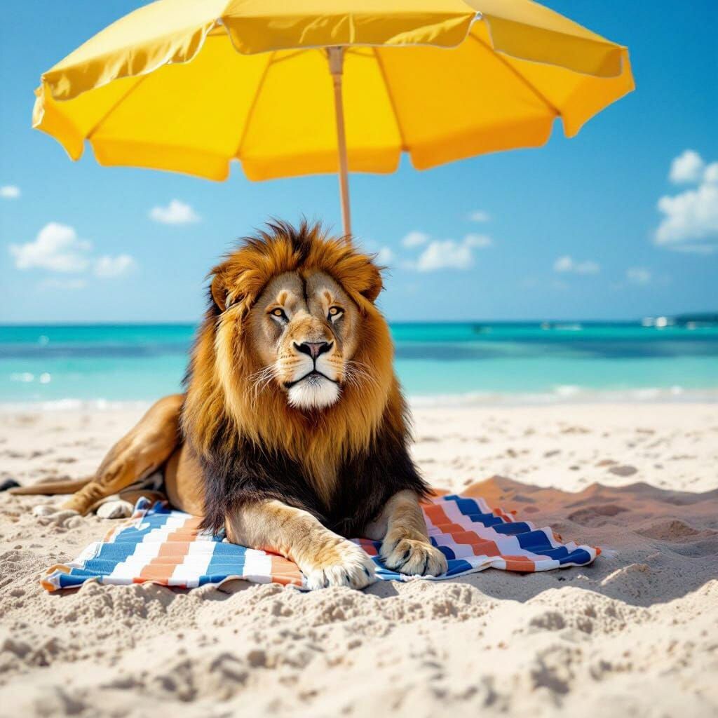 A lion under  the beach umbrella.
