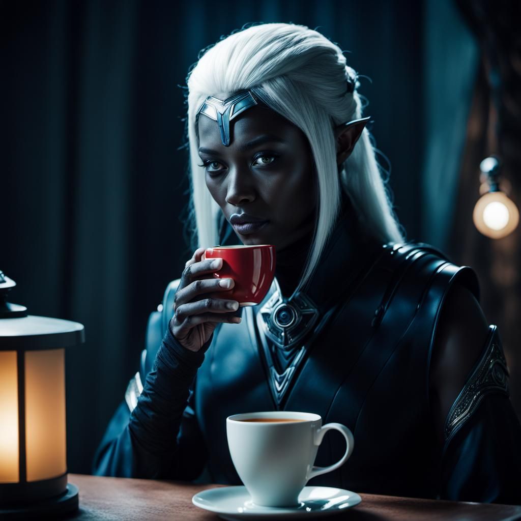 a drow woman drinking tea