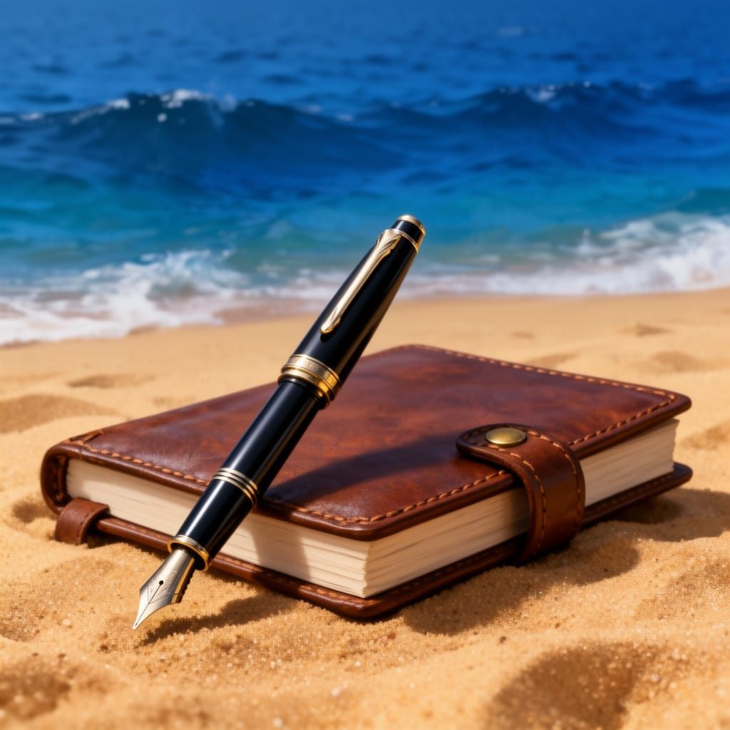 Elegant Pen and Notebook on Beach: Blue Ocean and Sand