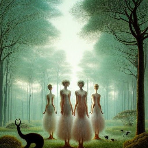 Ballet dancers in white surrounded by wild animals