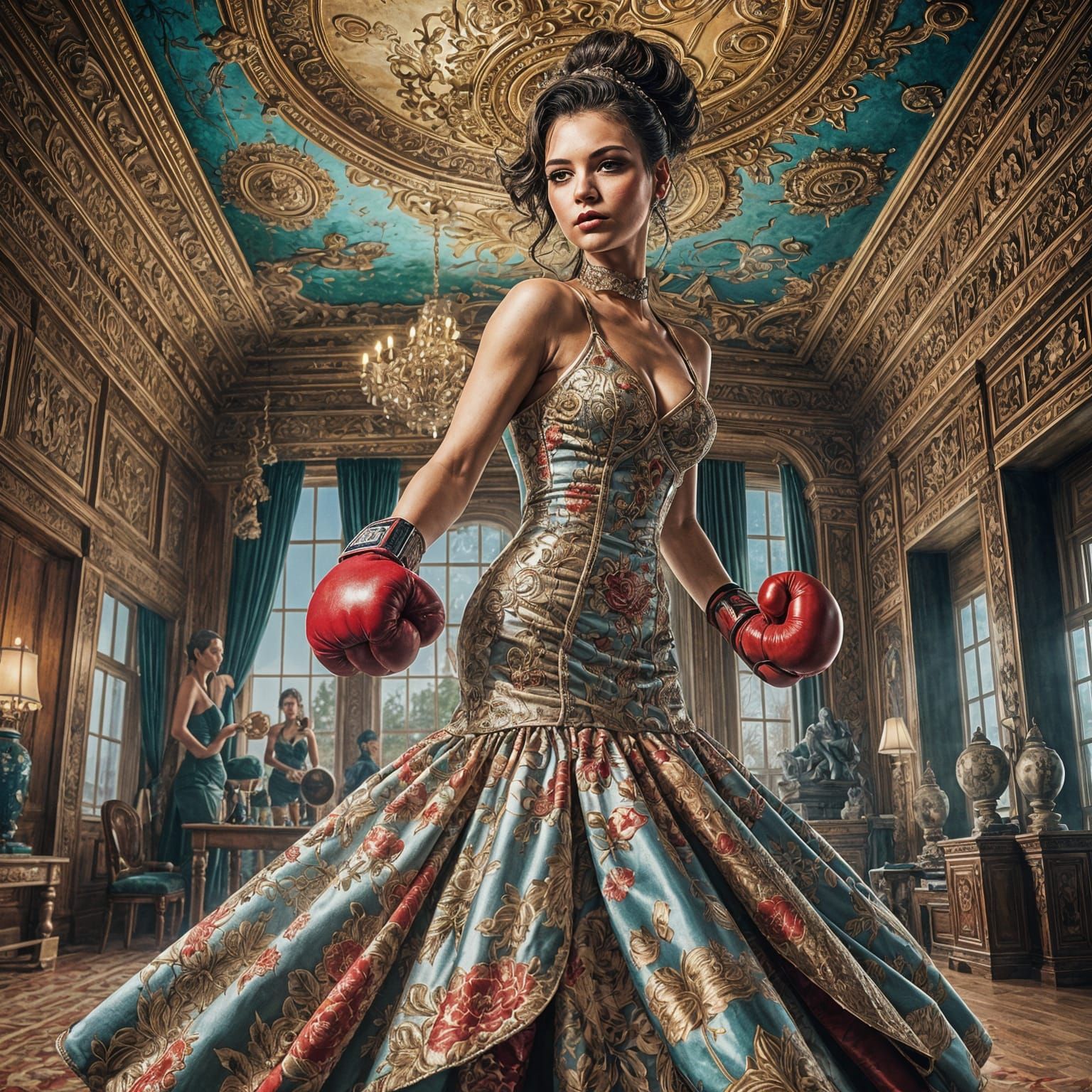 Elegant setting, beautiful woman, boxing gloves in the style...