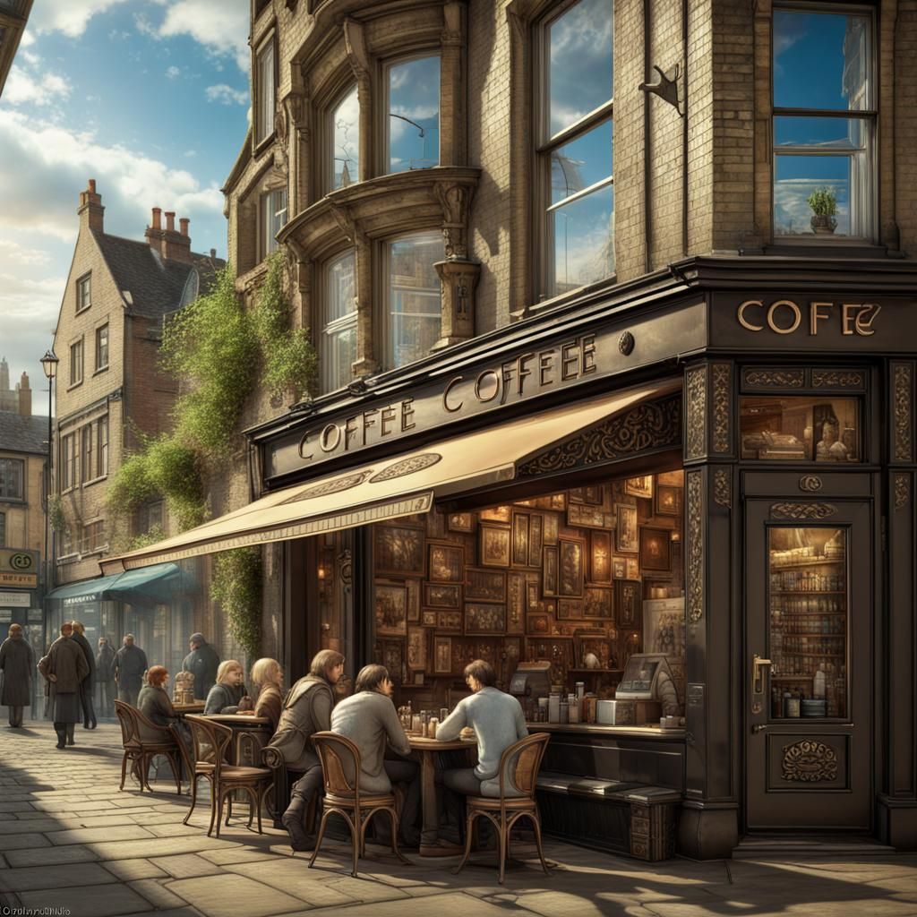 OUTSIDE a coffee shop store in the city of ENGLAND at NOON w...