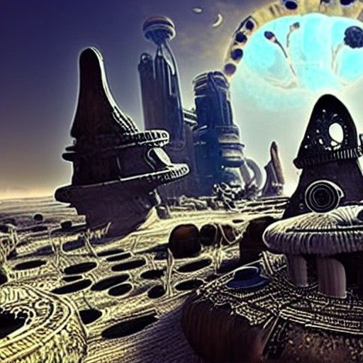 steampunk future wasteland with giant mushrooms