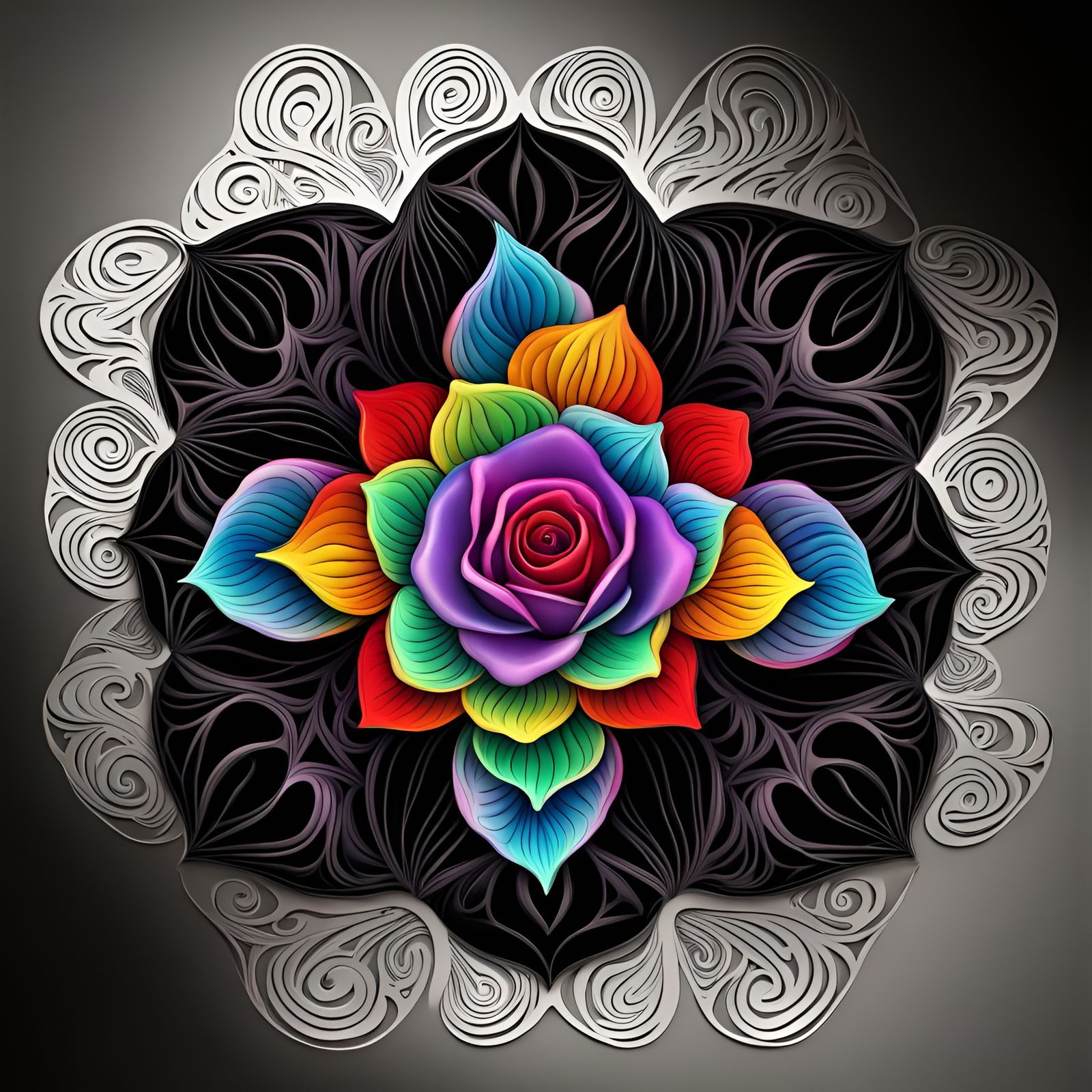 Black background, multicolored rose mandala, 3d