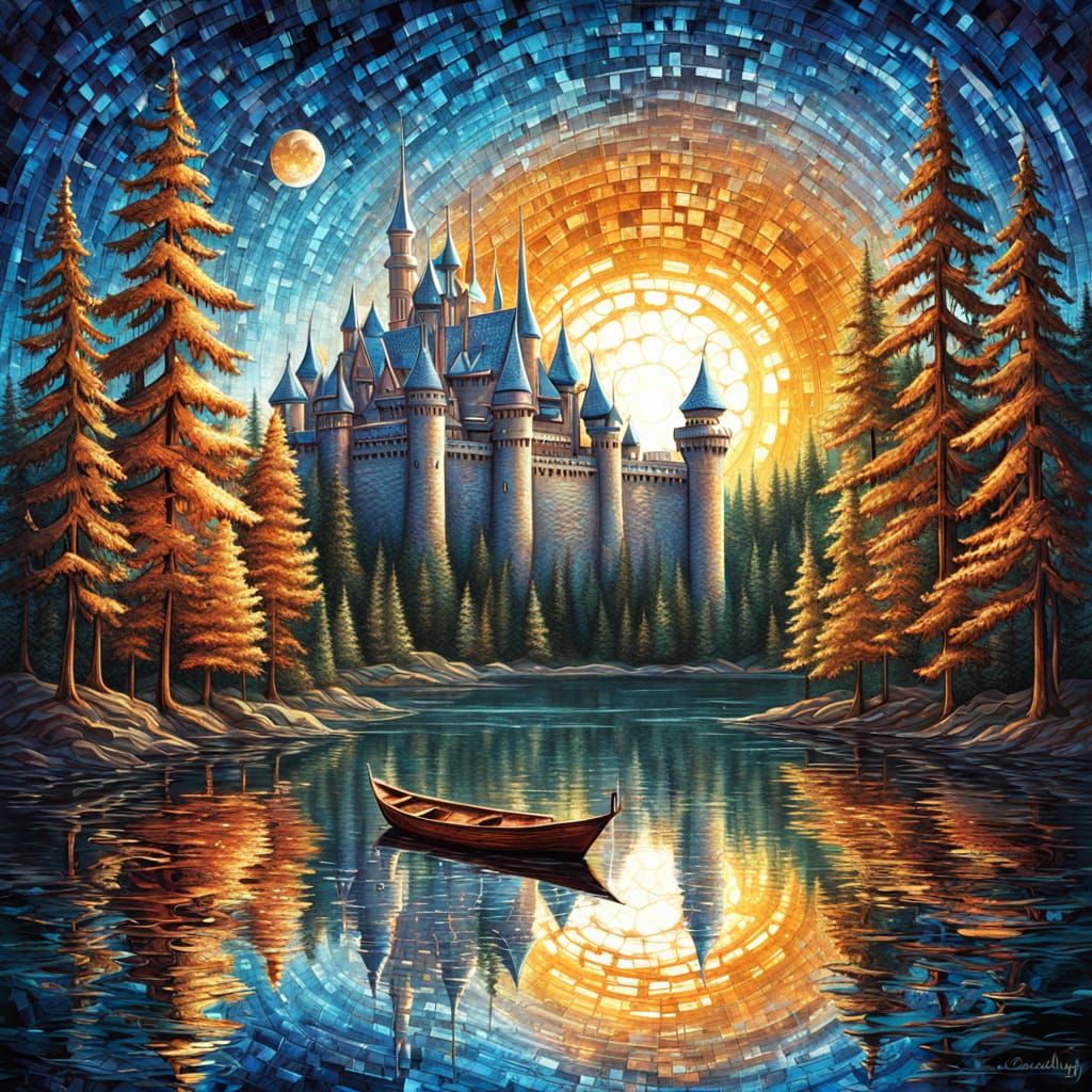 יצירת אמנות דרמטית בסגנון תבליט מתכת צבעוני ומלא ברקמה. אגם יער שליו בזריחה עם טירה מלכותית על צוק על החוף, מוקפת בעצי אורן גבוהים. סירת עץ ...