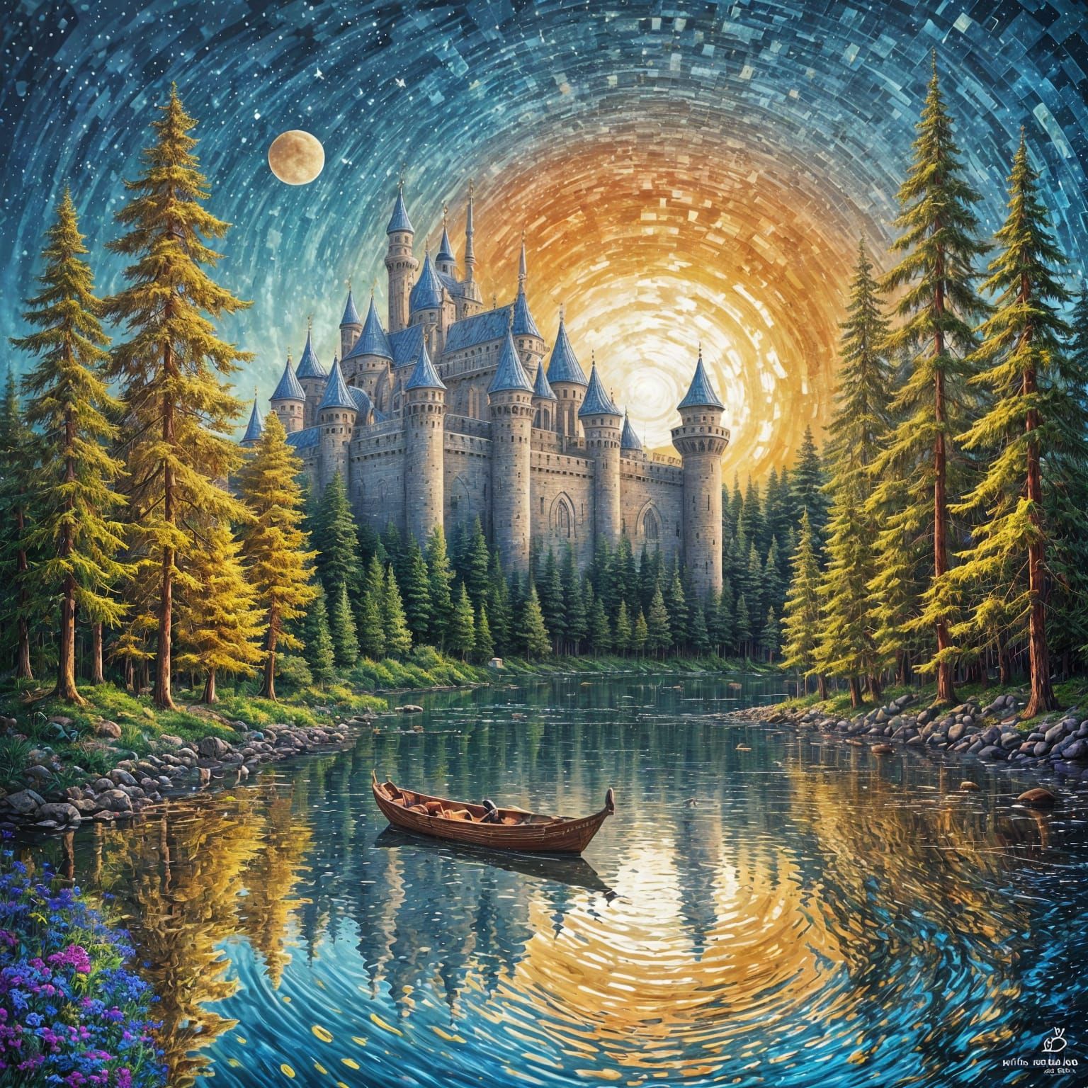Majestic Castle Sunrise Over Serene Lake in Metallic Relief