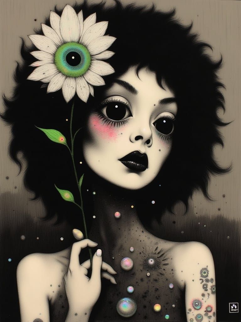Diana Ross with Black and white iridescent tattoo collage sc...