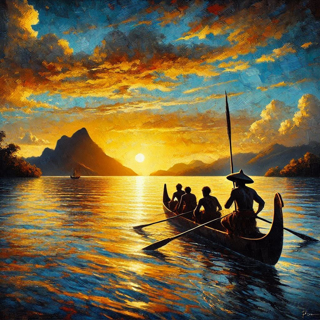 Kanak fishermen at setting sun - 2