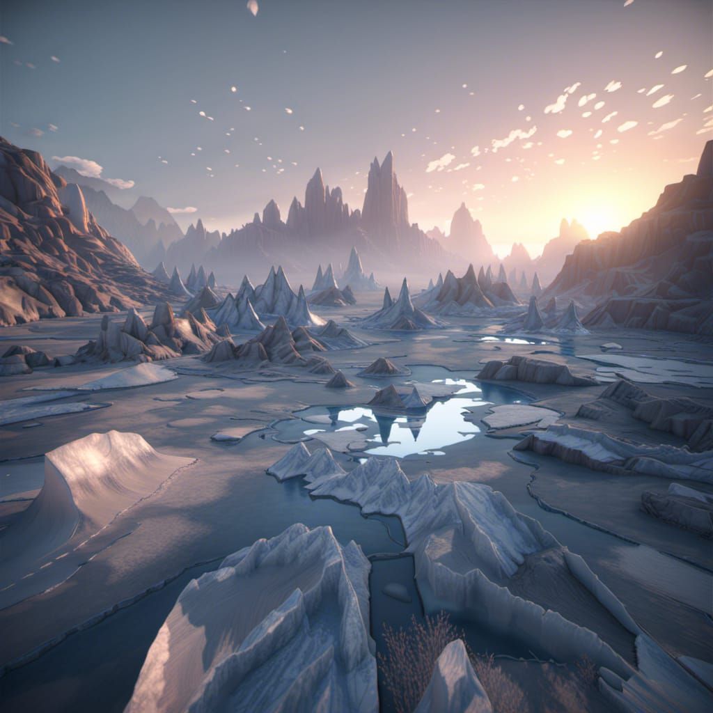 Unreal engine, 5k resolution, dawn, landscape made of jagged...