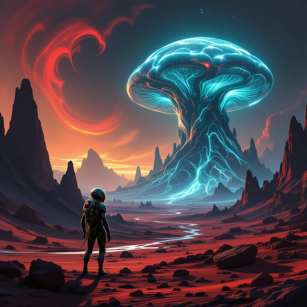 A lone, insectoid alien explorer  standing on a desolate alien planet, the landscape a stark contrast of jagged, crystalline formations and ...