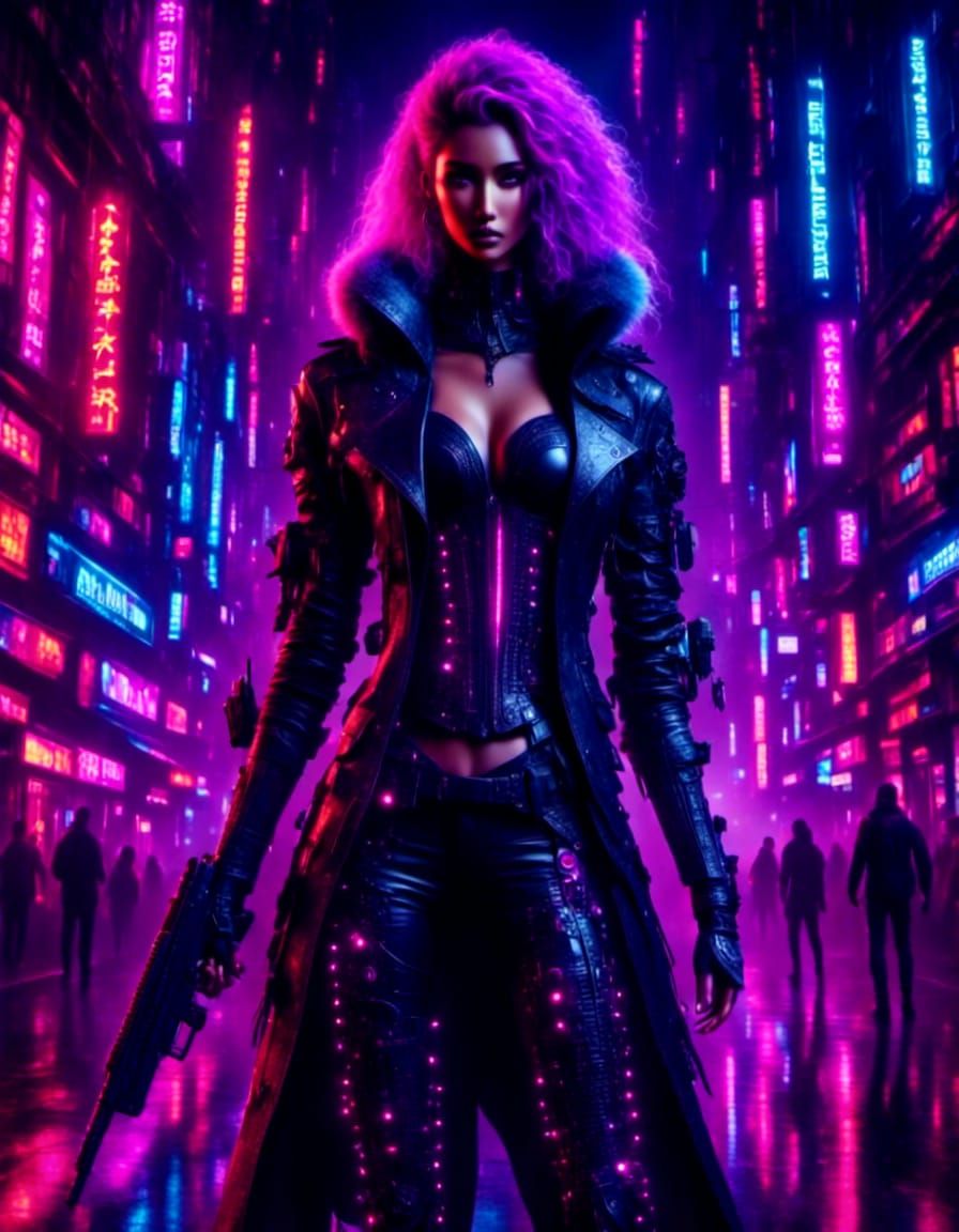 Cyberpunk Cybernetic Wizard with a gun <lora:Shadeslayer Style:1.0> <lora:CyberGraal:1.0> <lora:Japanese Cyberpunk:1.0> <lora:Mystical Fanta...