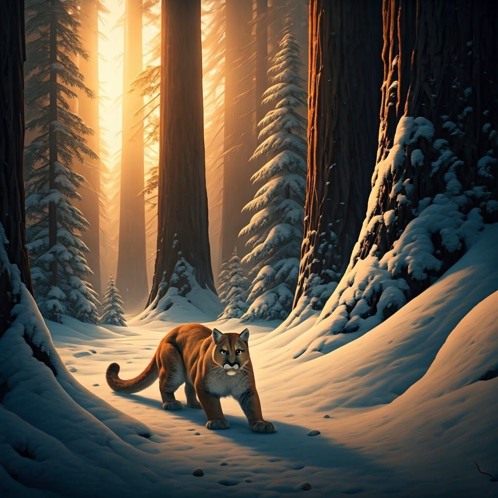 Snowed in redwoods a mountain lion stalks