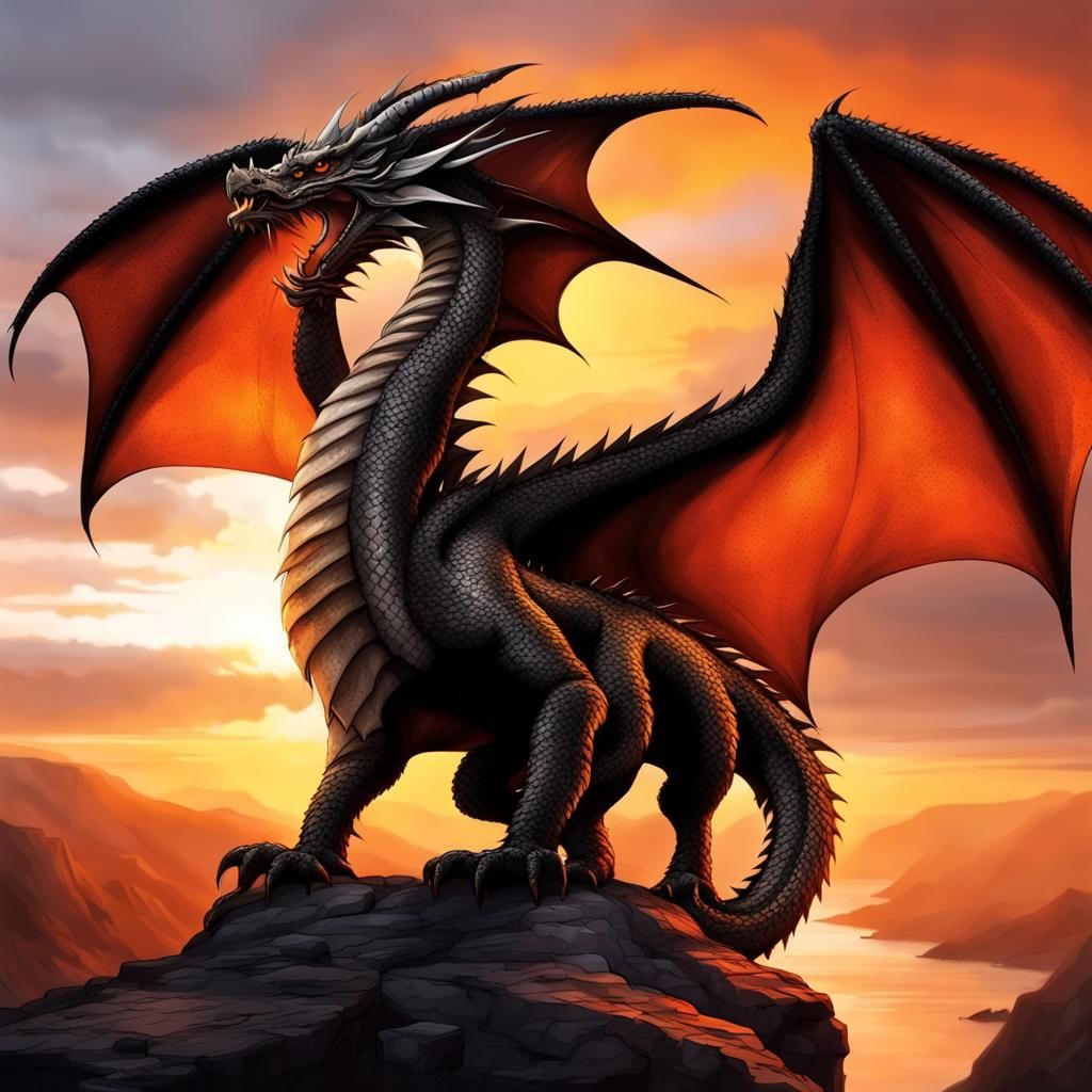 majestic, brave, mighty dragon with white and black details,...
