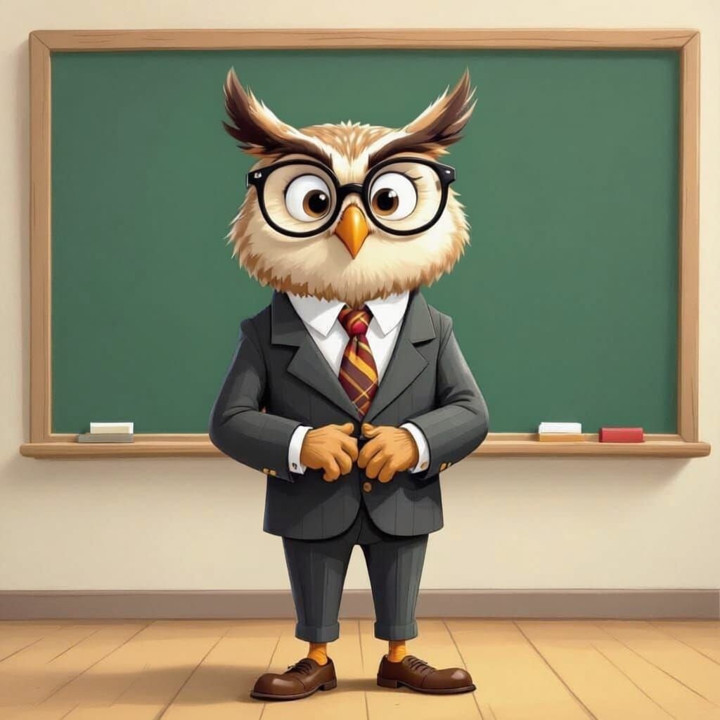 Scene Description:

The scene features an owl wearing glasses and smiling.

The owl is dressed in a suit with a necktie.

It wears long pant...