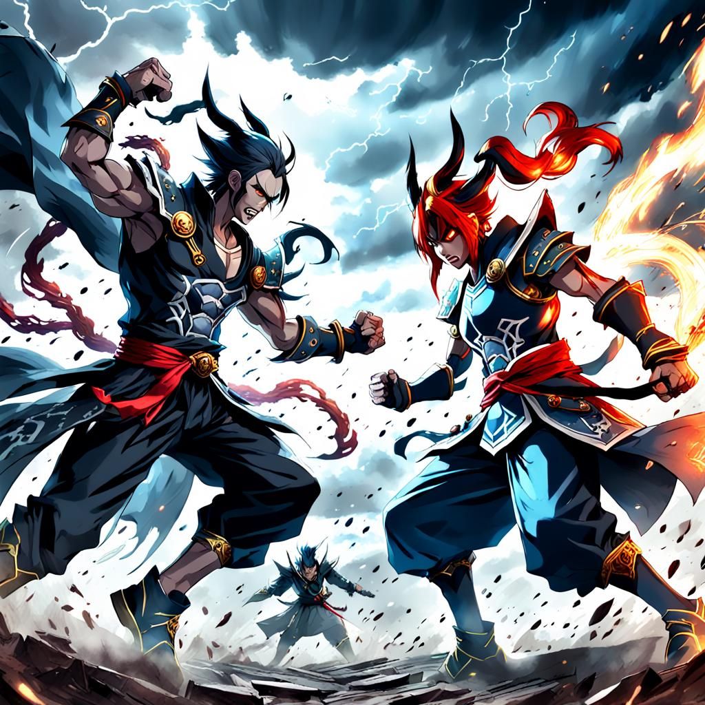 two animae villians fighting, dark clouds surrounding them, evil theme, animae battle, detailed matte ...  by @cypressleaf