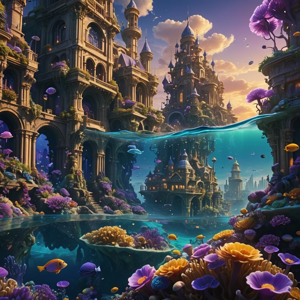 Gentle Giant Observes Underwater City in Fantasy Style