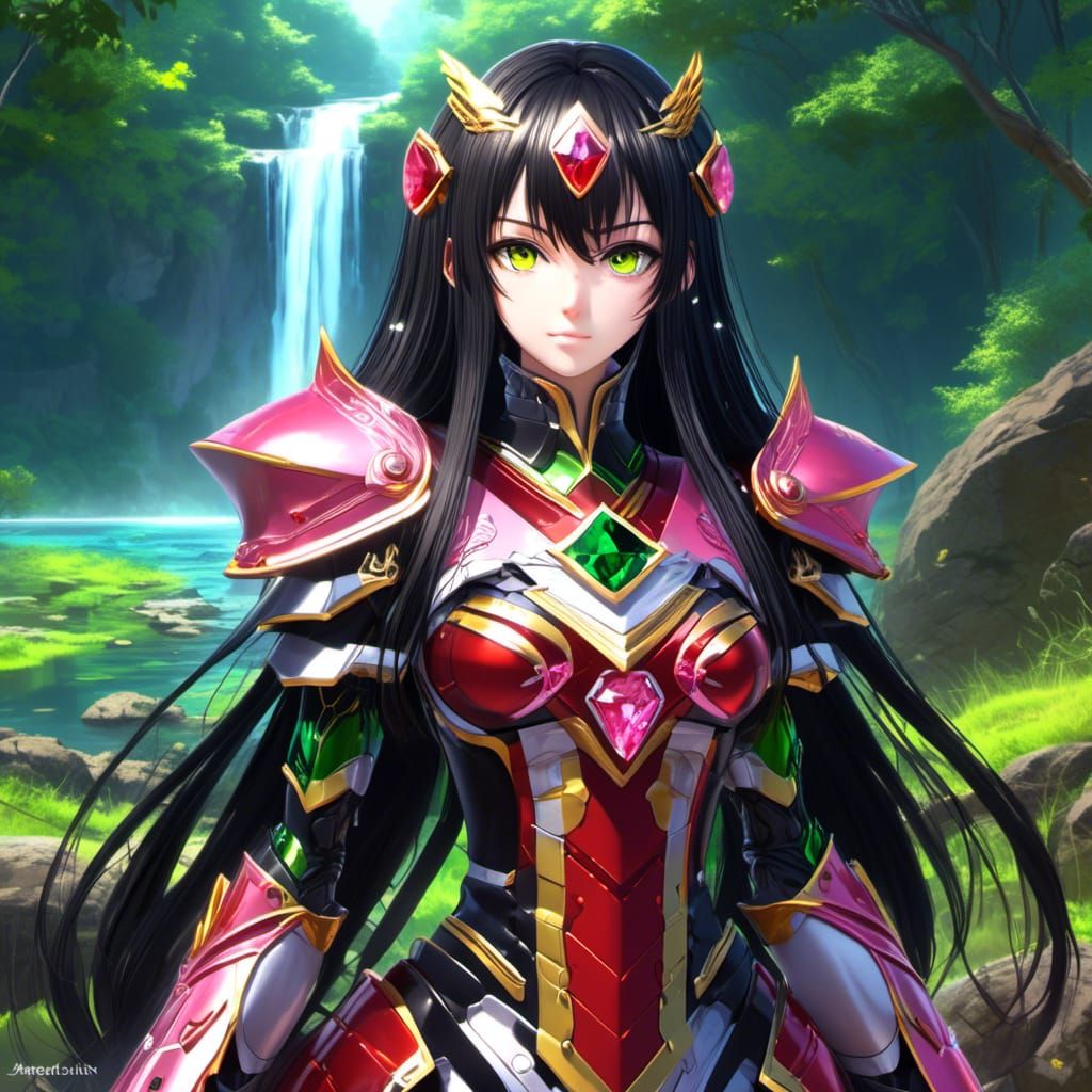 anime Akeno Himejima, very beuatiful ,extremely green eyes, long black hair, legendary dress red and yellow armor med of...