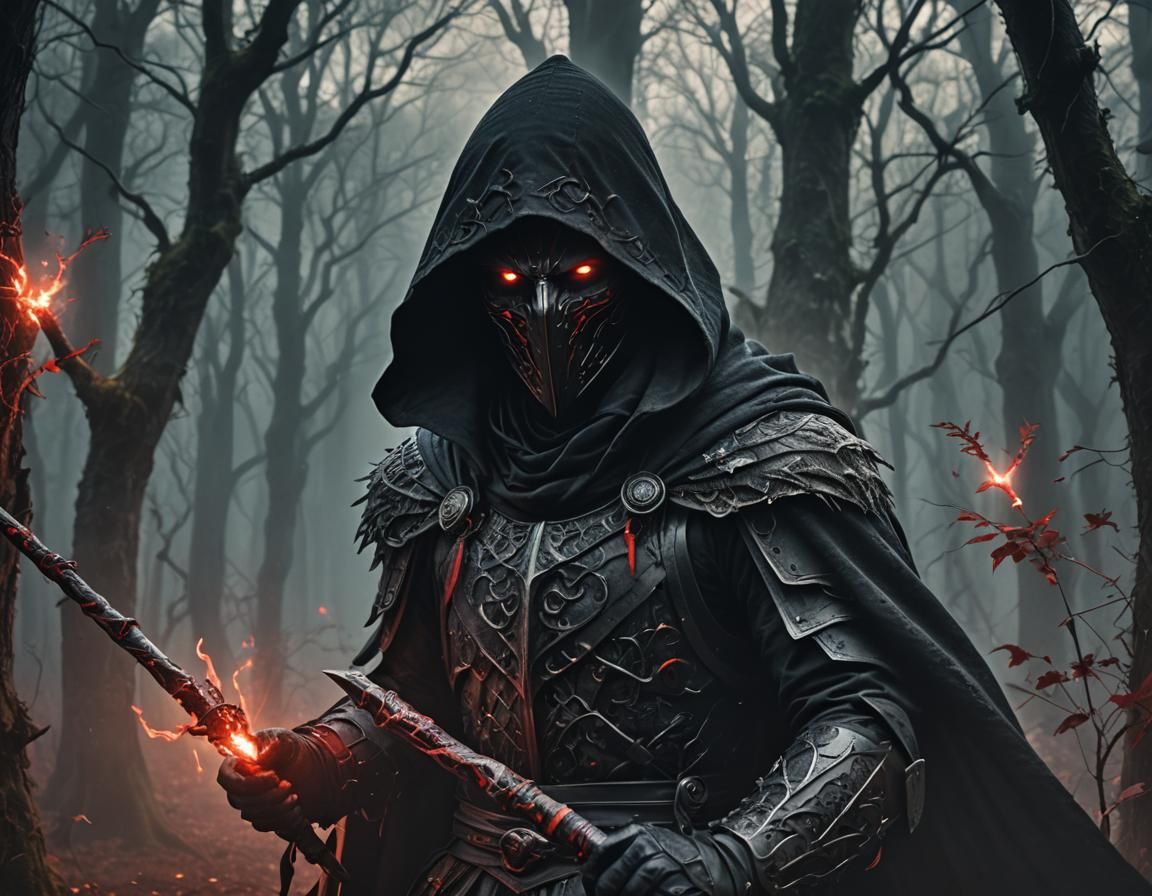 Dark Fantasy Portrait of Armored Figure in Forest