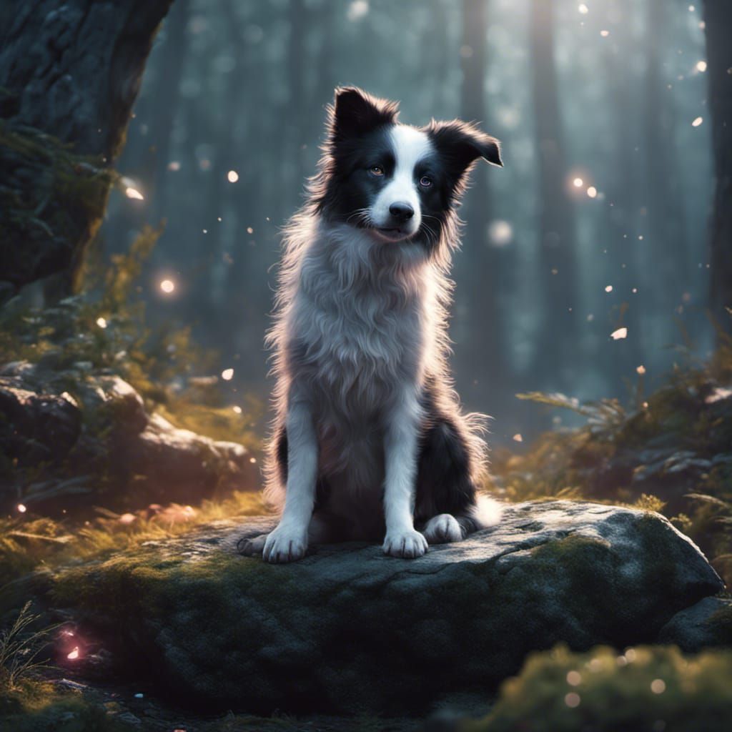 super cute baby border collie sitting on a rock in the fores...