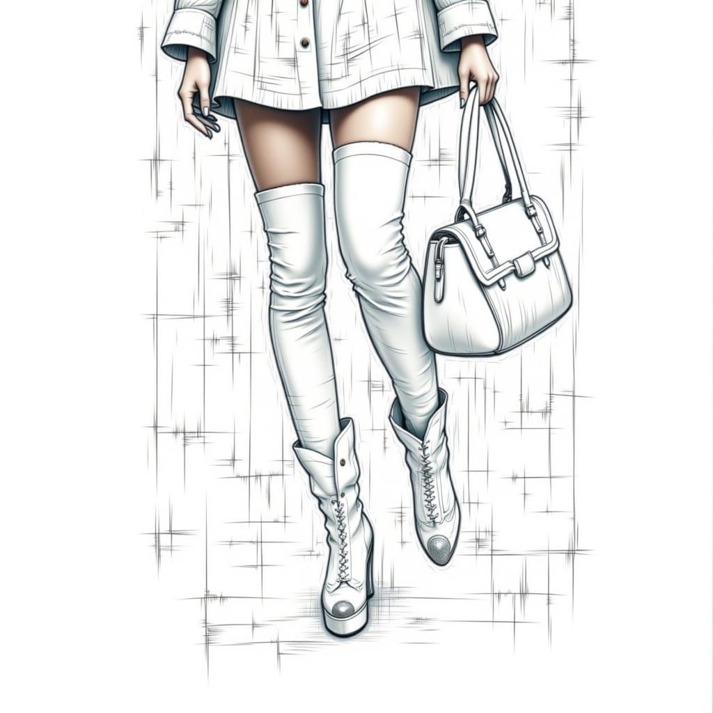 <lora:white world:1.0> raster grid white embroidered womans boots,  white bag,  white gloves. drawn with oblique lines and a raster grid, in...
