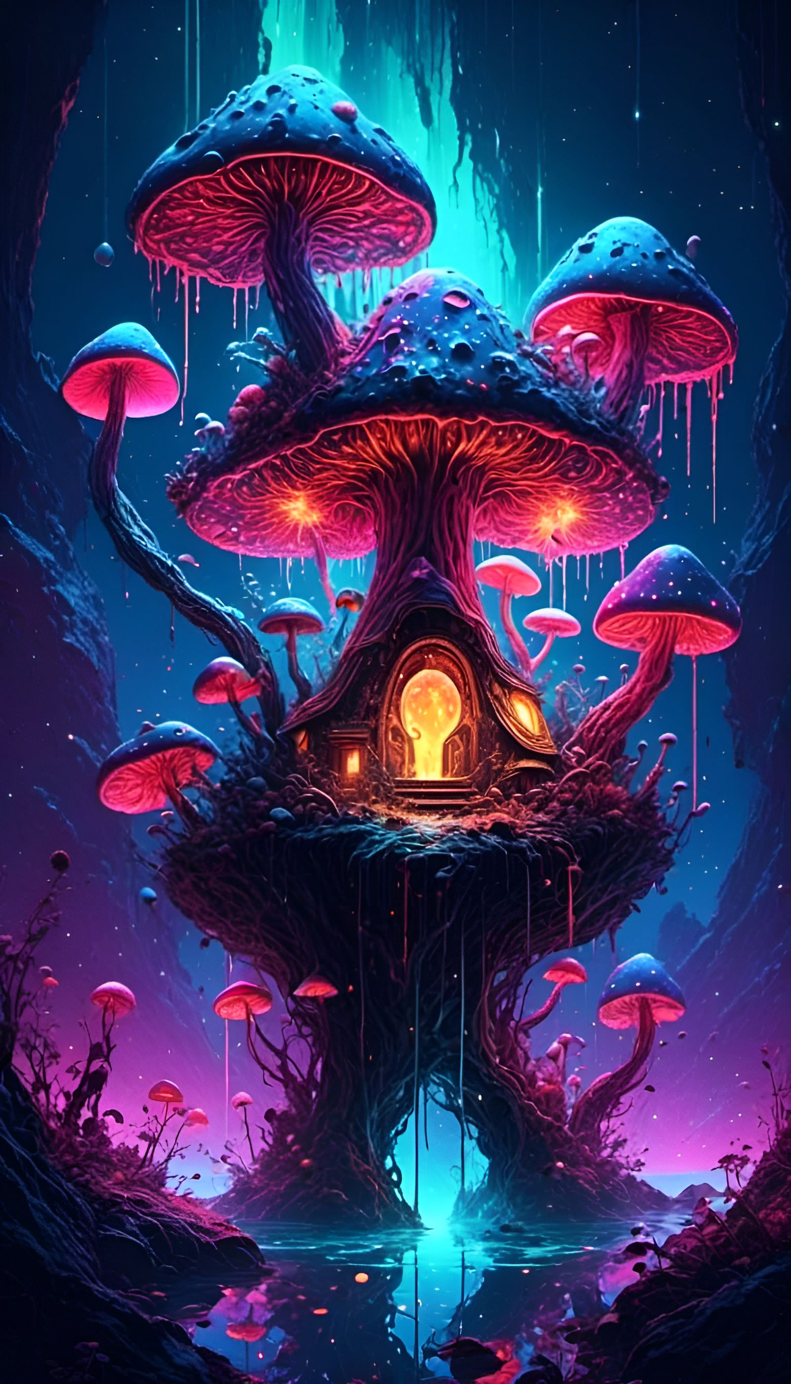 <lora:eye:1.0> Realm of magic mushrooms with neon liquid dri...