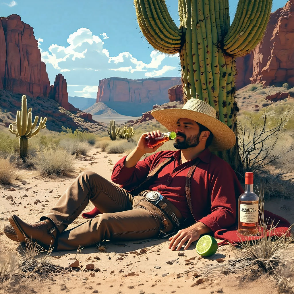 A caballero naps in a dry desert arroyo beneath the shade of a cactus after a few limes and tequila. His salt shaker reflects the hot sun as...