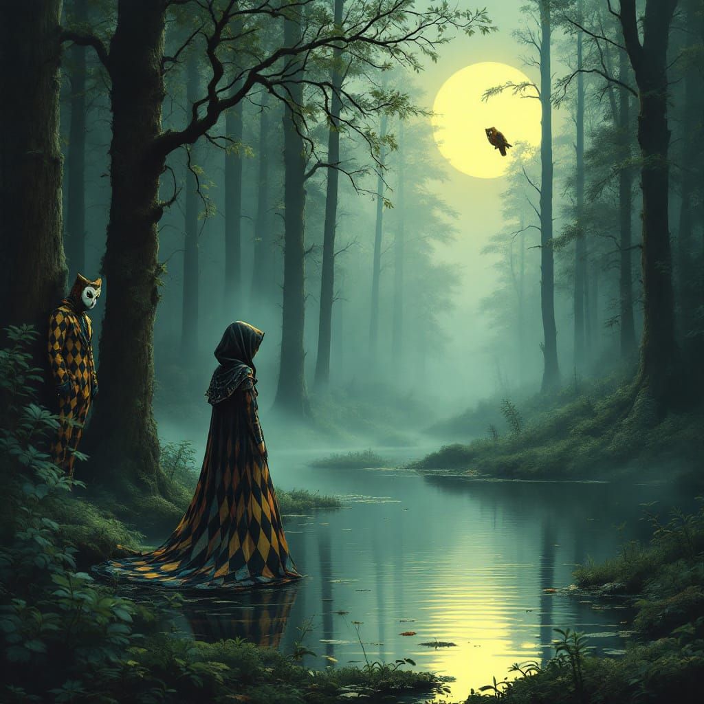 A woman in a forest looks at her reflection in a gently rippling pond. A masked harlequin costumed man watches from behind a tree, as an Owl...