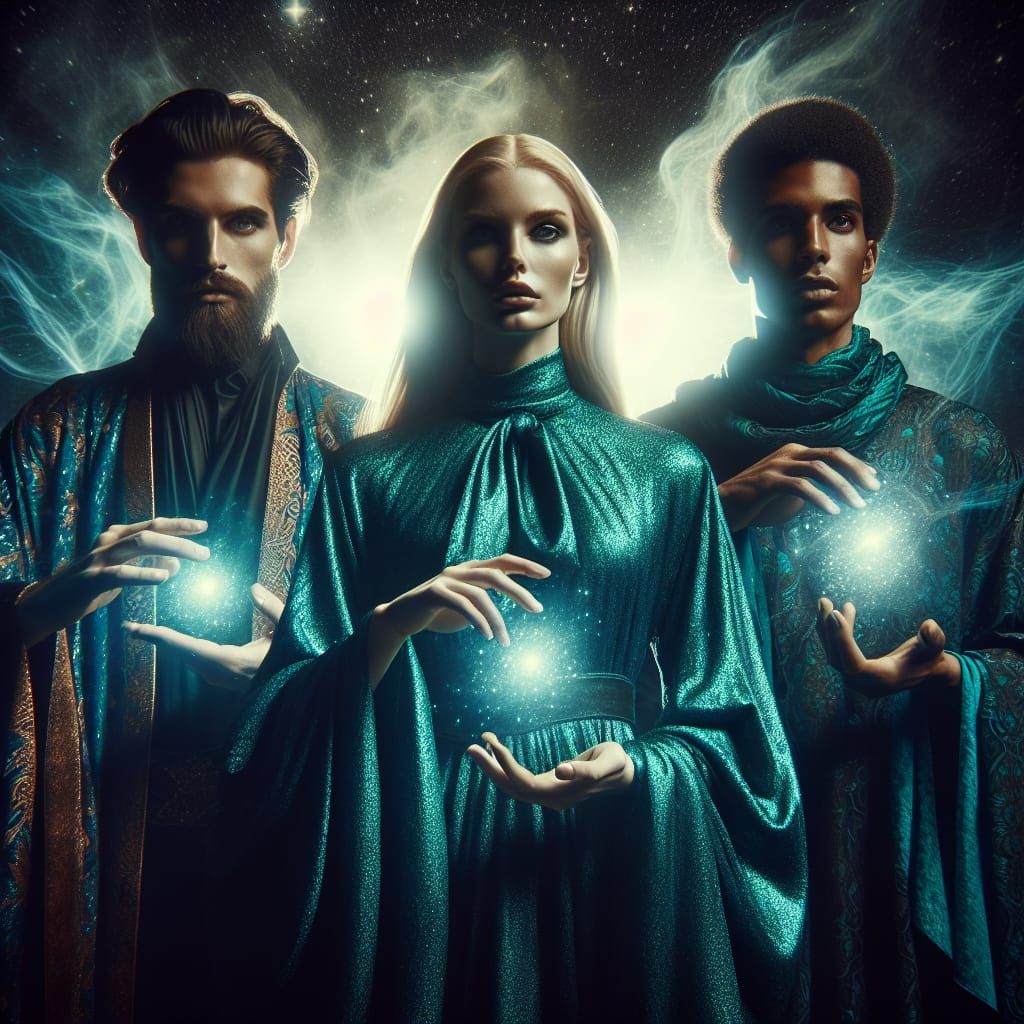 "A group of magicians adorned with elegant robes, stand in f...