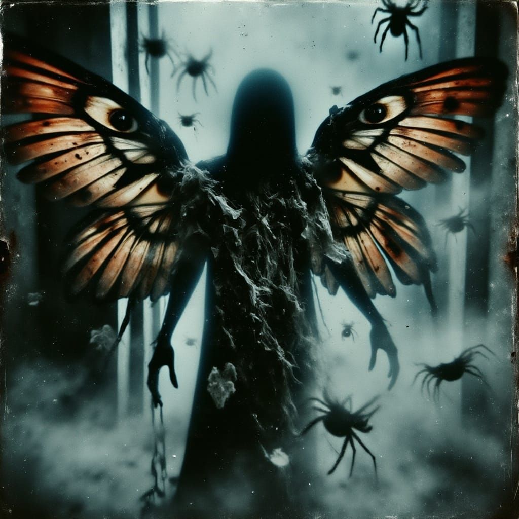 <lora:Abyss:1.0>collage of a Angel chained in  a asylum ,  covered in rags, double exposure, dark nightmarish . spiders, 
