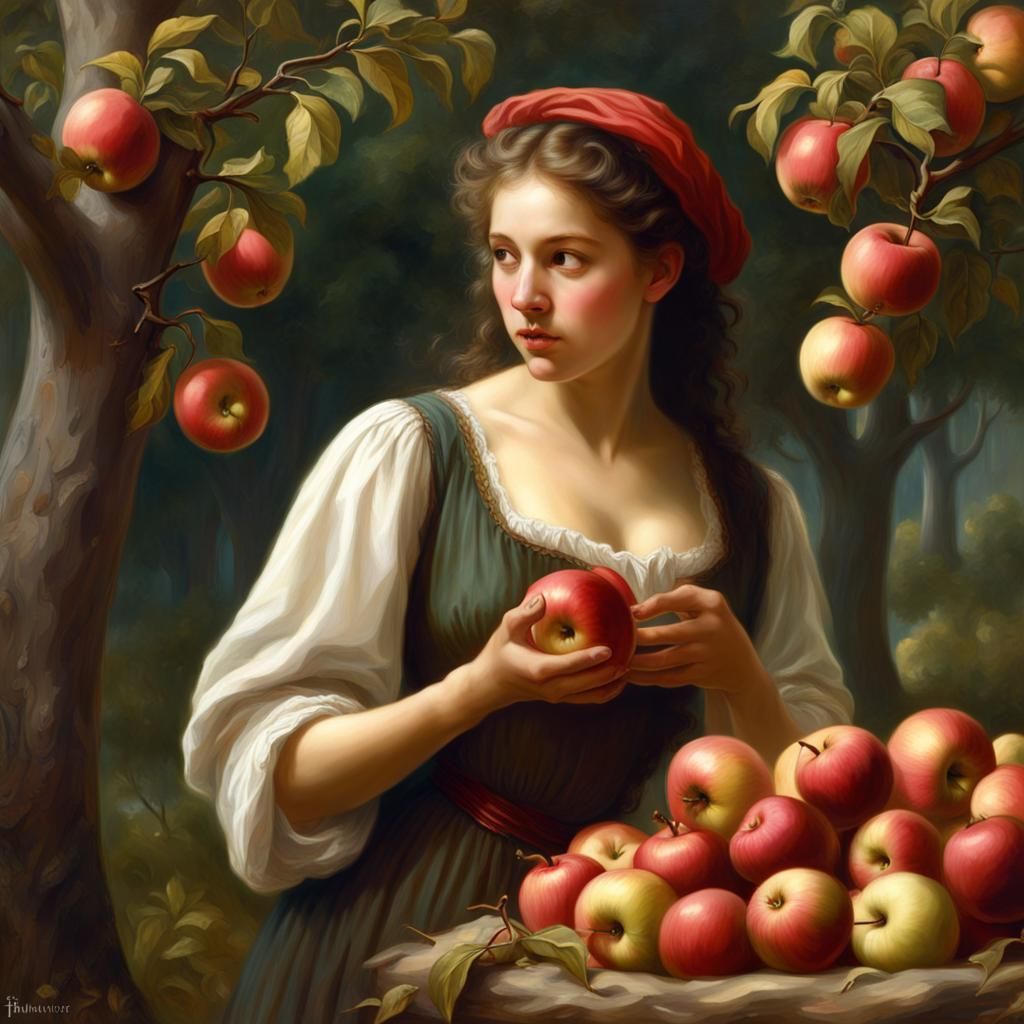 Beautiful lady picks apples, Oil Painting, William Adolphe Bougereau  by @PomMom1967