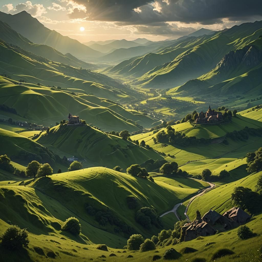 i see beautiful green hills and a  sunshine, the light of which easily touches your cheeks.