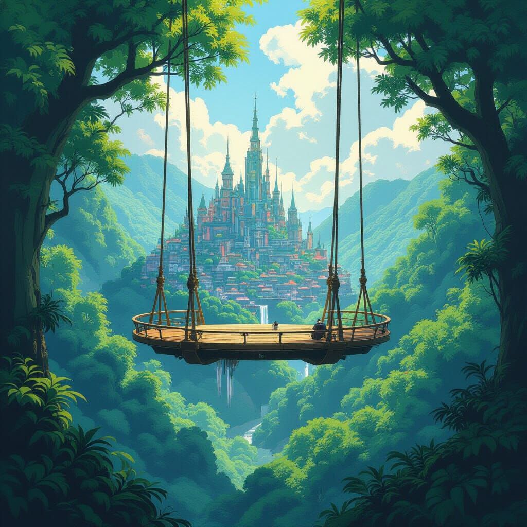 Magical City Inside Giant Swing in Lush Forest
