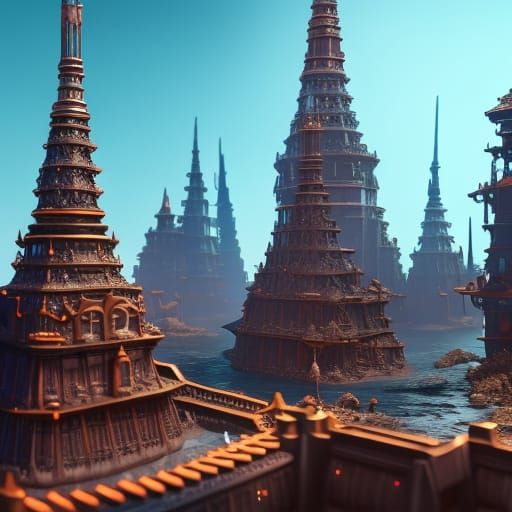 City with crystals growing out of the buildings