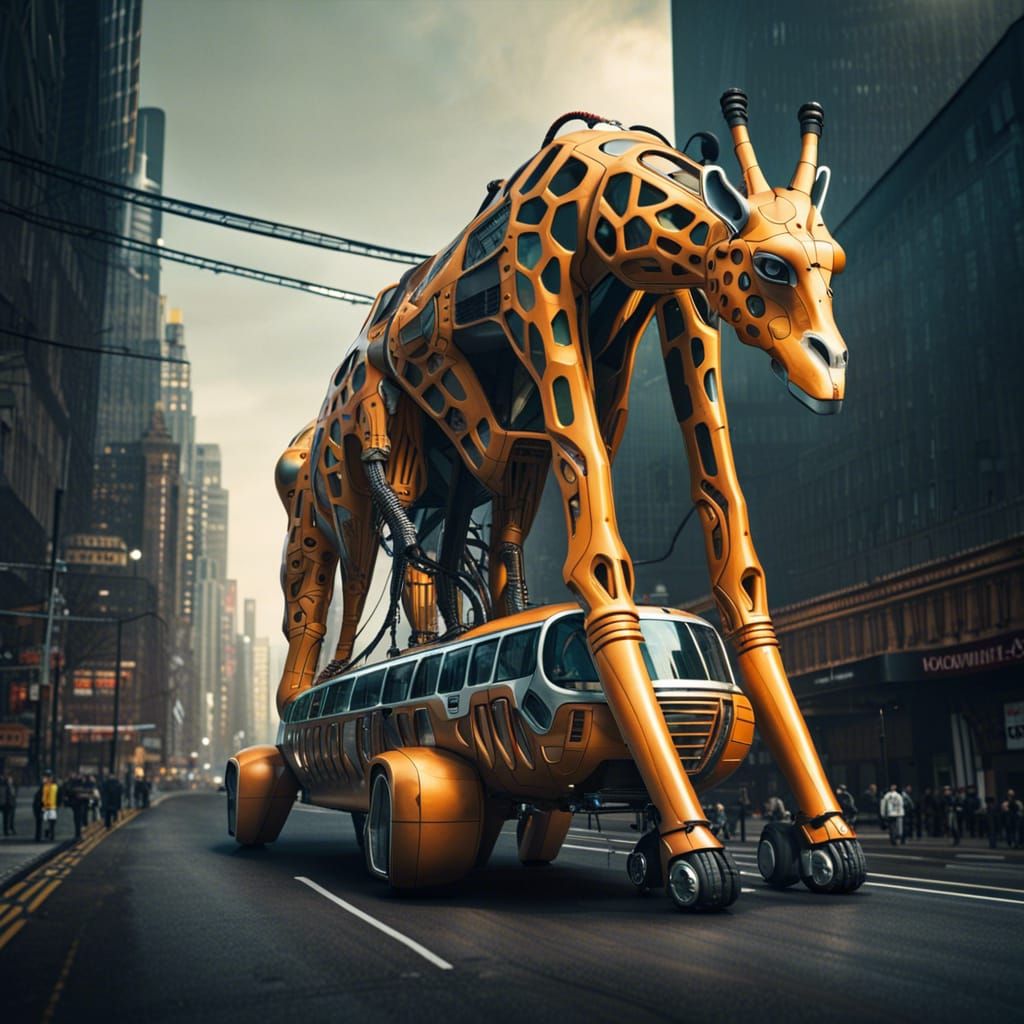 a futuristic giant car shaped like a tall huge mechanical giraffe, used to transport people within its body like a bus. ...