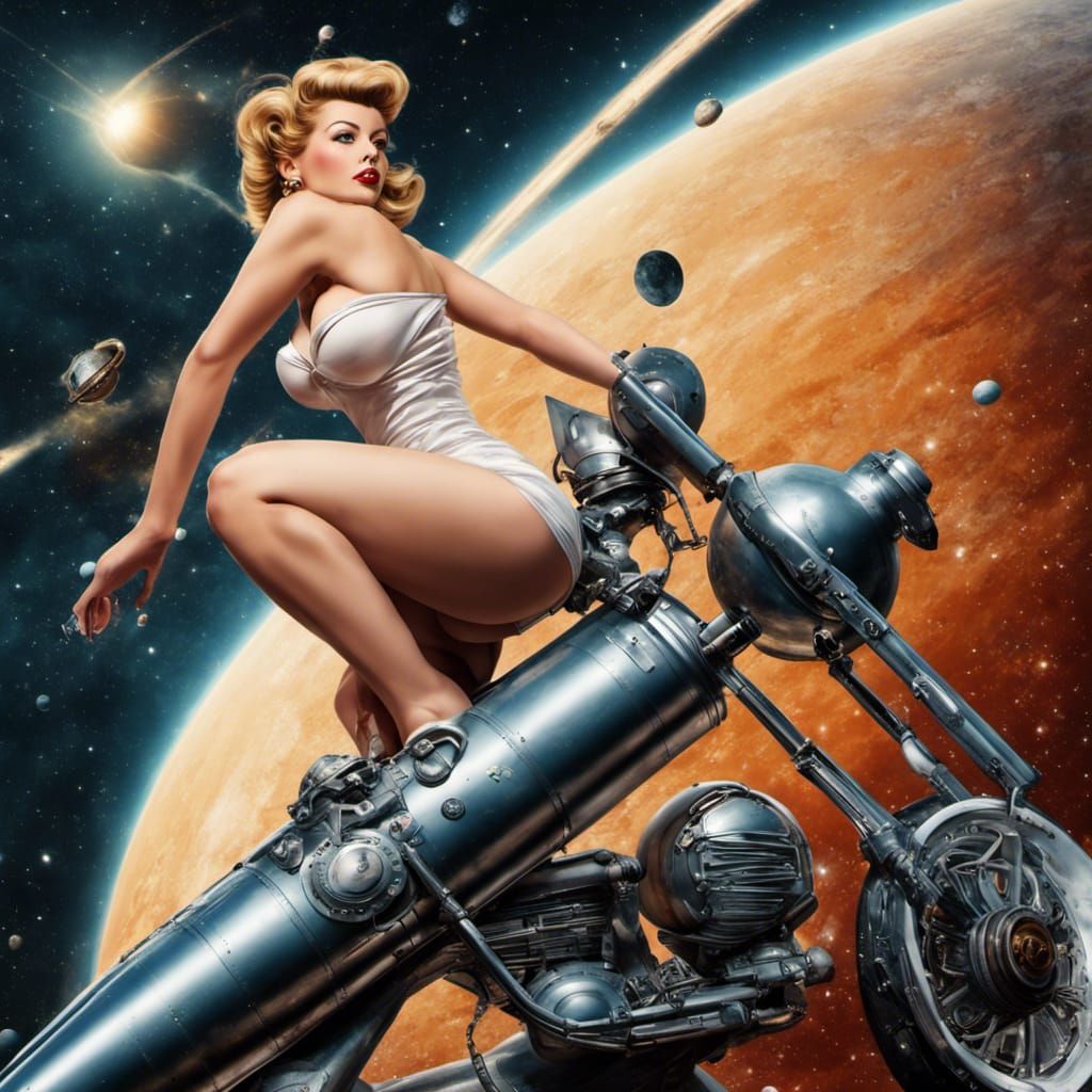 pin up girl riding a missle through space, her head turned u...