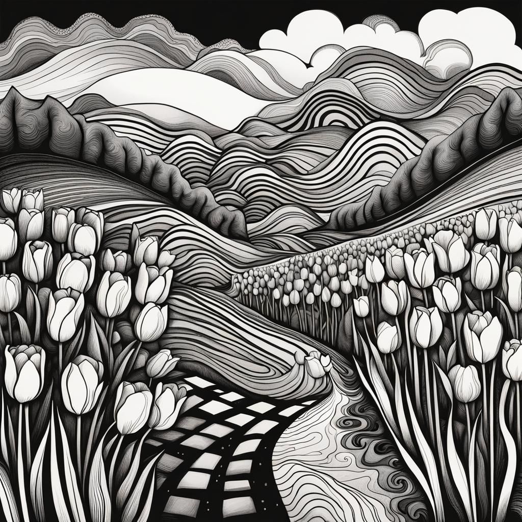 Tulip farm ink drawing