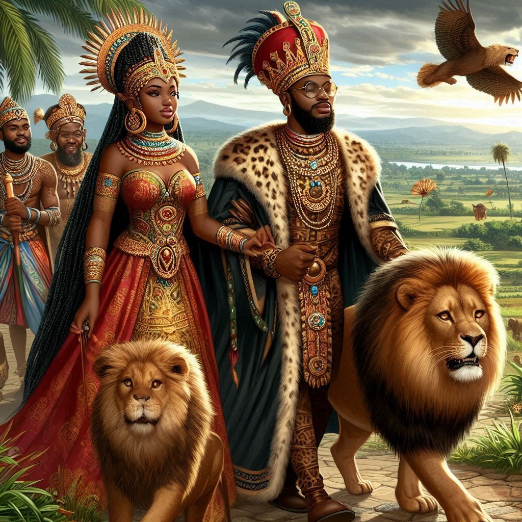 AFRICAN KING AND QUEEN WITH A LION