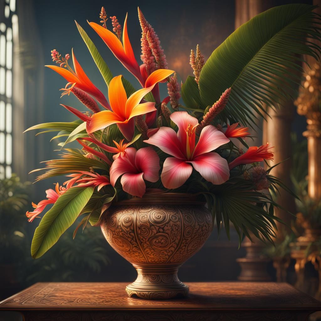 vase full of tropical flowers