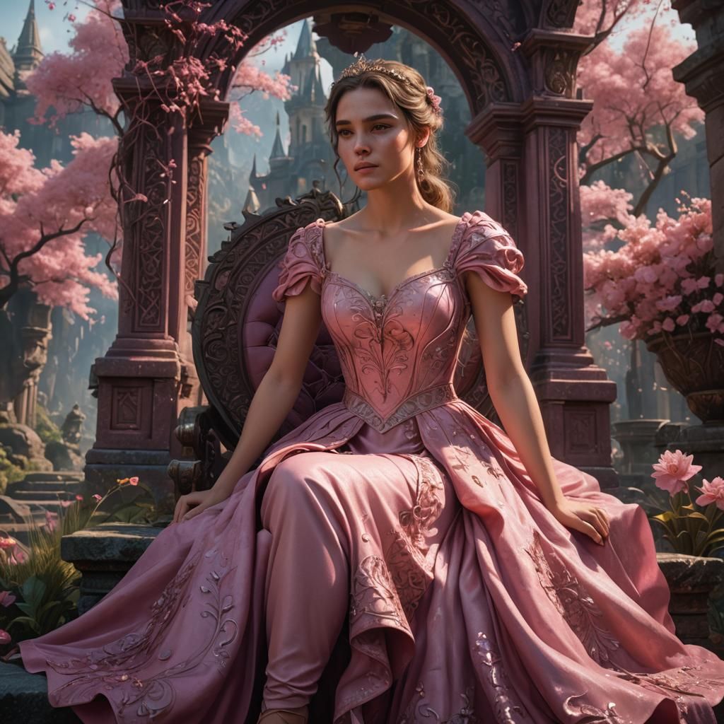 A pretty girl wearing a pink dress sitting down
