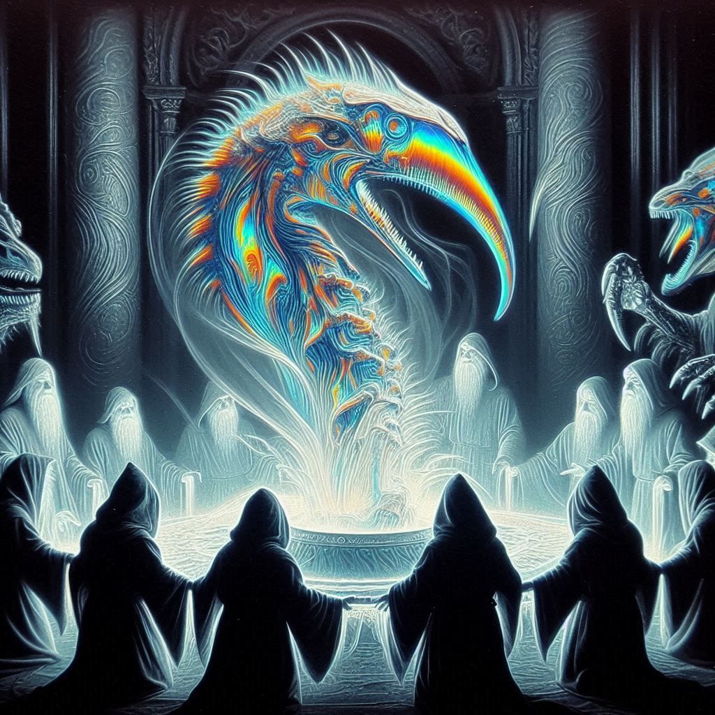 dwarf monks illuminating a fossil