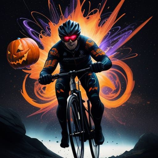 A powerful sports poster for a Seamless Halloween pattern with repeating pumpkin patterns.cosmic cycling race, featuring a lone cyclist spee...