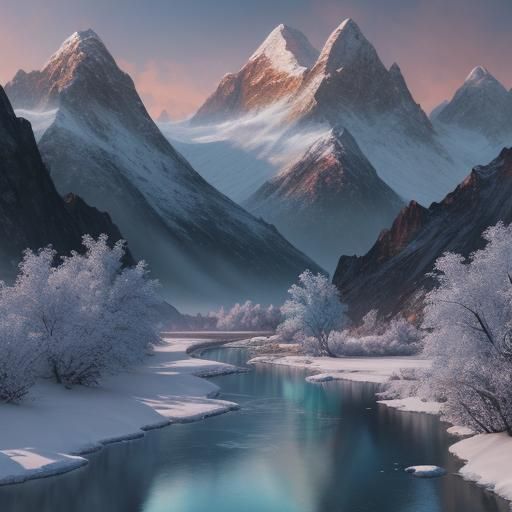 A running river with snow-covered mountains