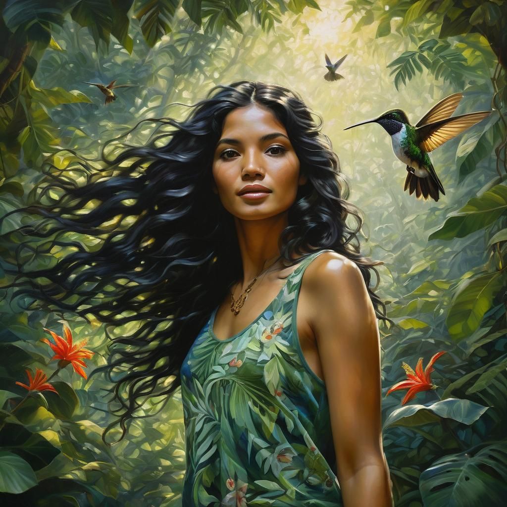 Omar Ortiz-style painting captures Brazilian woman, long wavy black hair cascading over her shoulders, deep brown eyes engaging the viewer,...