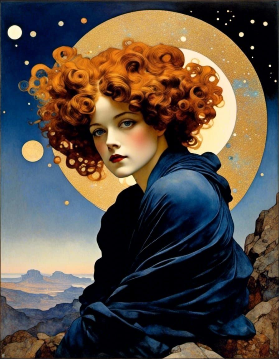 Maxfield Parrish celestial sky, dreamy dreamer, sparkling ✨️✨️✨️ glistening stars, enchanting cool blue colors and drawing style, curly coil...