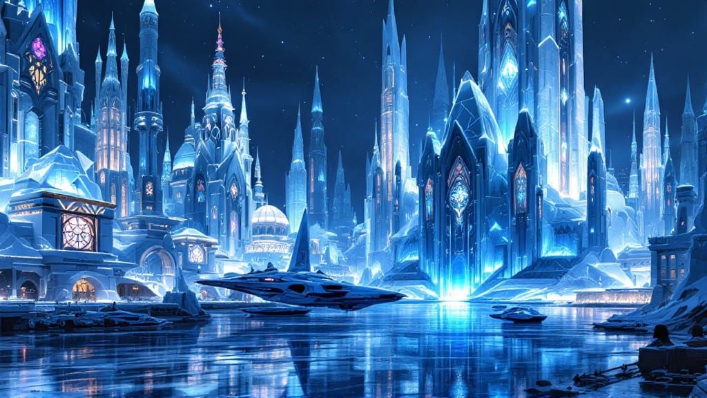 futuristic Winter Kingdon with tall Ice Art Deco Architecture made from Ice and snow and  Ice Design ...  by @James Silvers