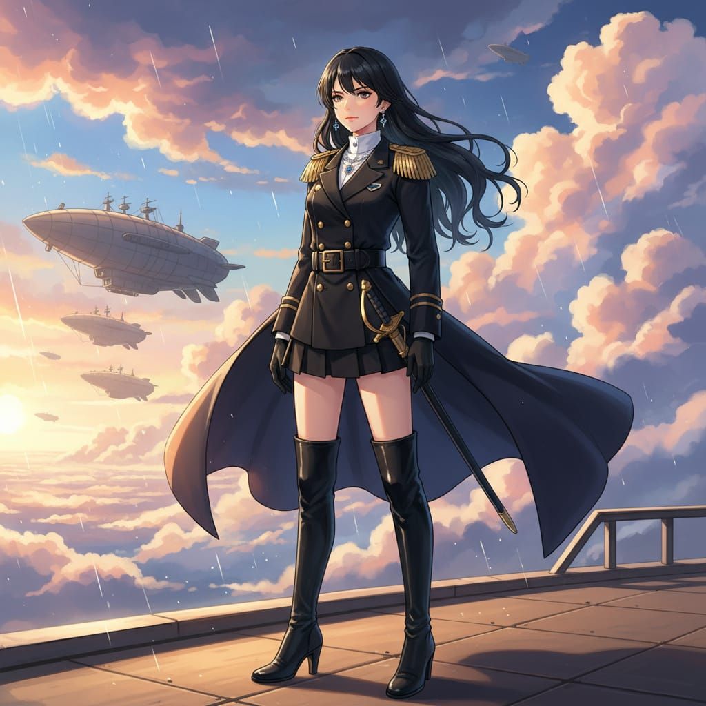 A young anime female admiral with a black navy uniform, gloves, some jewellery, a sword, a coat, long black hair, a skirt, a belt, mature fa...